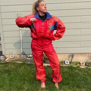 Vintage 80s Descente color block ski suit LARGE red orange blue